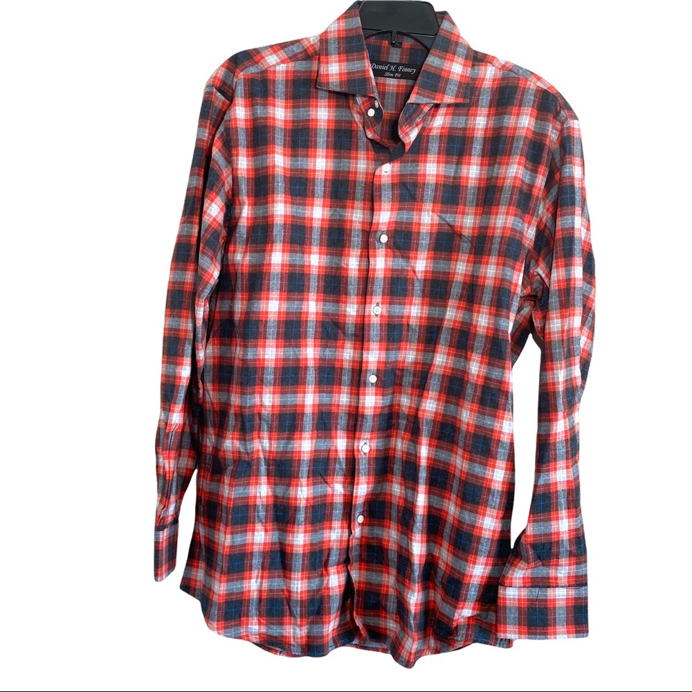 Daniel H. Finney Mens Slim Fit Plaid Button Front Shirt Red Blue Size Large
